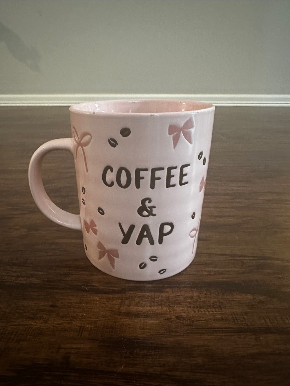 Unk Pink Ceramic "Coffee & Yap" Mug with Bow Accents